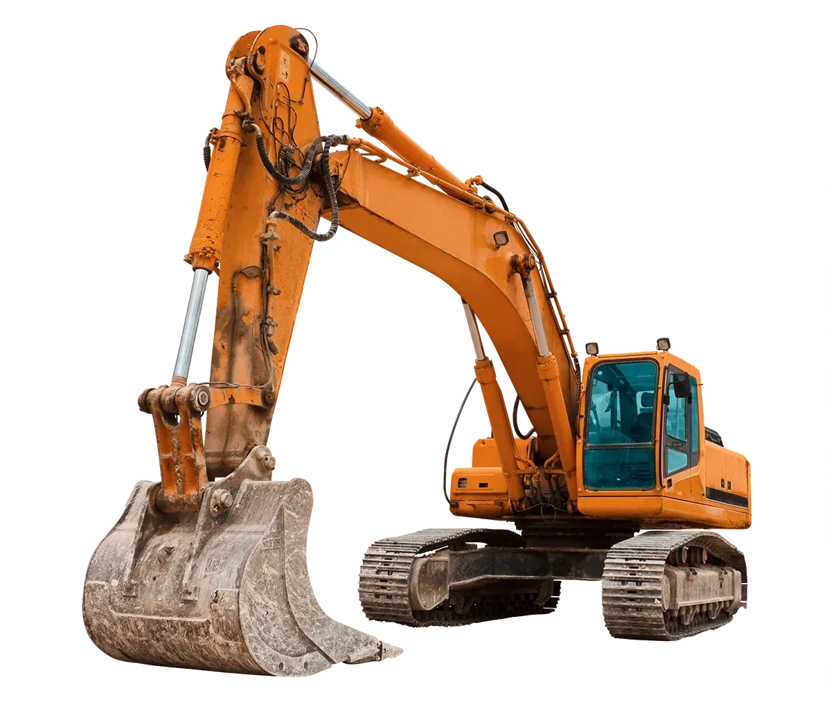 Kettenbagger mit Sortiergreifer auf einer Rückbaustelle, daneben getrennt gelagerter Bauschutt.
